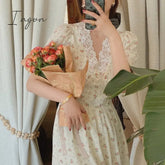 Ingvn - Vintage Floral Dress Women Elegant Lace Chiffon Korean Party Dress Puff Sleeve V Neck Midi Dress Fall Dresses for Women
