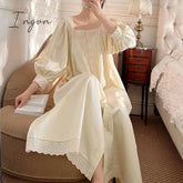 Ingvn - Women Sleepwear French Style Cotton Princess Dress Vintage Ladies Long Sleeves Nightgowns Square Neck Pleated Nightdress