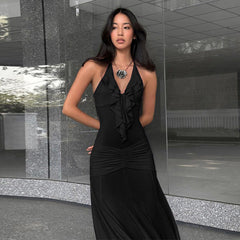 women's clothing summer new solid color slim high waist fashion halter neck sexy backless dress female