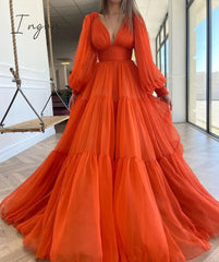 Ingvn - Long Puff Sleeves Prom Dresses V-Neck Pleats Chiffon Princess Evening Gowns Women Party Dress Plus Size Spring Autumn Dresses for Women