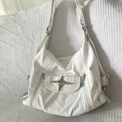 INGVN Y2k Large Capacity Shoulder Bag White Pu Leather Cross Handbag American Style Punk Goth Fashion Simple Designer Handbag