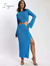 Ingvn - Autumn Long Sleeve Knit Maxi Dress Women O Neck Fake Two Piece Set Sweater Dresses Female Casual Bodycon Dress Knitwear