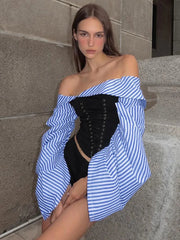Ingvn Fashion Chic Women Long Sleeve Striped Long Sleeve Corset Shirts + Shorts 2 Piece Sets High Street Tunics Bandage Female Suit