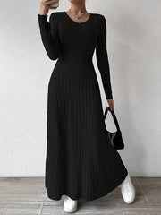 Long Sleeve Ankle Ribbed Crew Neck Sweater Dress for Fall & Winter, Elegant Women's Clothing