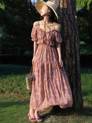 Summer New French Elegant Party Print Dress Sweet A Line Midi Ladies Vintage Robes
