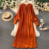 Ingvn - Vintage Pleated Chiffon Long Dress Women Casual Solid Pink/Green/Red O-Neck Draped Slim Vacation Vestidos Autumn Robe New