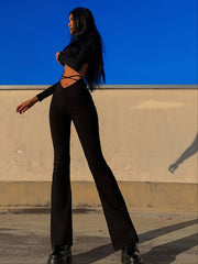 Solid Black High Waist Flare Leggings with Open Navel Criss Cross Straps - Body-Conforming & Fashion-Forward Wide Pants for Women