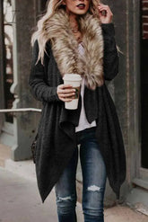 Ingvn - Fur Collar Cardigan Plush Trench Coat