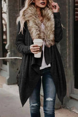 Ingvn - Fur Collar Cardigan Plush Trench Coat