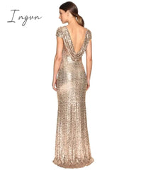 Ingvn - Rose Gold Cheap Mermaid Dresses Short Sleeves Backless Long Beach Sequins Wedding Party Maid of Honor Dress