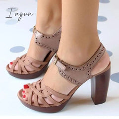 Ingvn - Peep Toe Chunky Heel PU Casual Buckle Sandals