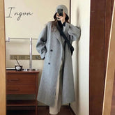 Ingvn - Elegant Women Double Breasted Loose Woolen Coat Lapel Collar Long Sleeve Casual Solid Women's Casual Oversize Coat Autumn Winter