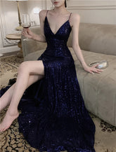 Elegant Backless Split Sequin Long Dresses for Women Summer Sexy Fashion Luxury Slim Bandage Robe Evening Party Female Clothing
