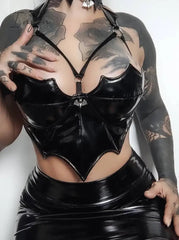 Ingvn - Gothic Summer PU Black Camis Women Punk Grunge Sleeveless Sexy Halter Crop Top Streetwear Aesthetic Hollow Out Camisole