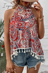 Ingvn - Bohemian Vintage Geometric Print Tassel Asymmetrical Halter Tops