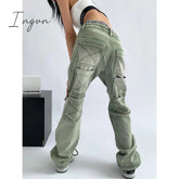 Ingvn - Women's Green Jeans Vintage Washed Multiple Pockets Wide Leg Pants Casual Street High Waist Baggy Denim Trouser Ladies Summer