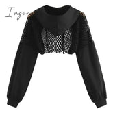 Ingvn - Black Hoodies for Women Hollow Out Crop Tops Mesh Patchwork Short Sweatshirt Long Sleeve Autumn Tops and Pullovers