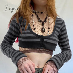 Ingvn - Y2K Striped Crop Top Button Knitted Full Sleeve T Shirt V Neck Vintage Grunge Tee Autumn Winter Women Harajuku Outfits