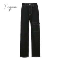 Ingvn - Weekeep Pockets Patchwork Baggy Jeans Fashion Streetwear 100% Cotton Women Denim Trouser Loose Cargo Pants Korean Jeans Harajuku