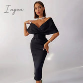 Ingvn - Autumn Elegant Dress Fashion Off shoulder V-neck High Waist Belt Slim Party Evening Dress Women