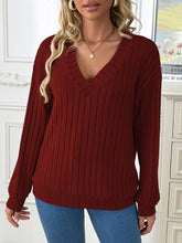 1pc Elegant Women'S V-Neck Ribbed Sweater - 100% Polyester Knit Fabric, Solid Color, Long Sleeve, Regular Length for Spring/Fall
