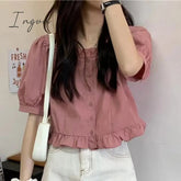Ingvn - Ruffles Cute Shirt Women Button Up Shirt Summer Blouse 2023 High Waist Puff Sleeve Crop Top Pretty White Youth Clothing Elegant