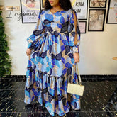 Ingvn - Summer Party Long Maxi Dress Women Long Sleeve Slit Vintage Printed Pleated Bohemian Beach Sundress Casual Vestido