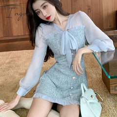 Ingvn - New Spring Vintage Sexy See-through Chiffon Patchwork Tweed Mini Dress Women Ribbon Bow Single-breasted Long Sleeve Party Dress