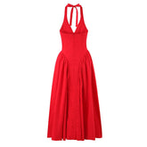 Red Elegant Slim Evening Party Dresses For Women Sexy Backless Low Waist A-line Midi Long Halter Dress Cotton Robe