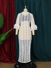 Ingvn - New Fashion African Women Dresses Dashiki Elegant Maxi Long White Lace Hollow Out Muslim Fashion Abayas Robe Abaya Dubai Luxe Party Clothes
