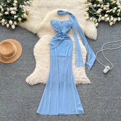 Chic vintage Sexy Strapless mesh sleeveless Fairy Summer Women Boho Sundress Beach women clothing Long dress