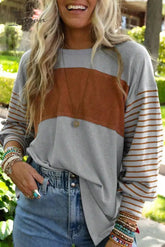 Ingvn - Casual Color Block Contrast O Neck Tops
