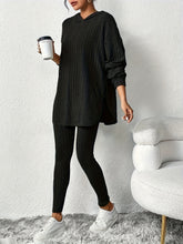Sleek Duo, Elegant Solid Color Ribbed Hoodie & Leggings Set for Women - Long Sleeve, Polyester Blend, Machine Washable - Perfect for Spring/Fall