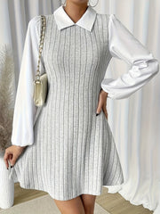 Casual A-Shaped Knitted Color Stitching Lantern Sleeve Dress with Lapel Back Keyhole, Women's Clothing
