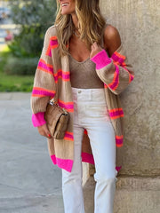 Stylish Striped Long Cardigan Sweater - Women's Fashion Cardigans - Soft Polyester Open Front Shawl with Color Block Design, No Collar, and Chic Winter Style - Perfect for Casual Daily Wear