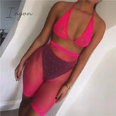Ingvn - Trends Fishnet Grid See Through Neon Outfits Bandage Low Cut Sexy Backless Crop Top High Waist Skinny Shorts Women Party 2 Piece Sets