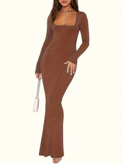 Bodycon Maxi Dresses Long Sleeve Wedding Guest Long Dress Casual Rib Knit Scoop Neck Fall Dress
