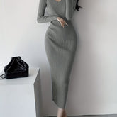 Solid Color Ribbed Long Sleeve Dress, Casual Knitted V Neck Dress For Spring & Fall, Women's Clothing