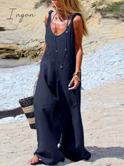 Ingvn - Ladies Casual Solid Loose Playsuit Retro Simple Straps Beach Straight Jumpsuits Summer Elegant U Neck Sleeveless Jumpsuits