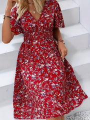 Floral Print Flutter Sleeve Dress, Boho V Neck Slim Waist Dress, Women's Clothing
