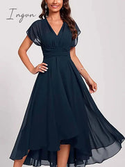 Ingvn - Women‘s Wedding Guest Dress Swing Dress Semi Formal Dress Midi Dress Blue Short Sleeve Pure Color Mesh Summer Spring Fall V Neck Wedding Guest Vacation Spring Dress S M L XL 2XL 3XL