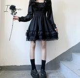 Ingvn - Japanese Lolita Style Women Princess Black Mini Dress Slash Neck High Waist Gothic Dress Puff Sleeve Lace Ruffles Party Dresses