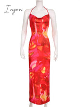 Ingvn - Tie Day Print Backless Maxi Dress Women Gown Cut Out Halter Sleeveless Backless Bodycon Sexy Club Long Dress Vestidos