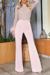 Ingvn - Fashion Sexy Solid Patchwork Feathers Beading O Neck Straight Jumpsuits(3 Colors)