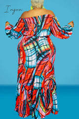 Ingvn - Red Plus Size Casual Print Patchwork Off the Shoulder Straight Plus Size Two Pieces