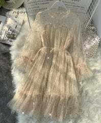 Ingvn - New Female O-neck Stars Sequined Mesh Shiny Fairy Dress Women Elegant Bling Gauze Princess Puff Dresses Vestidos De Fiesta