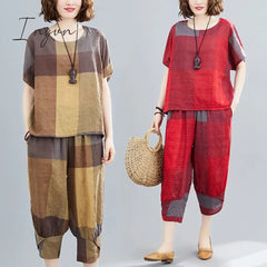 Ingvn - Thin Soft Cotton Linen Loose Women Clothes Set Tops Harem Pants Two Piece Casual Set Vintage Plaid Lady Summer Fashion Set Suits
