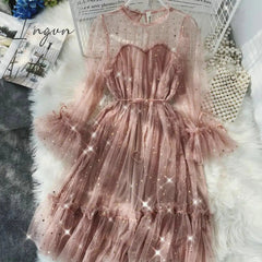 Ingvn - New Female O-neck Stars Sequined Mesh Shiny Fairy Dress Women Elegant Bling Gauze Princess Puff Dresses Vestidos De Fiesta