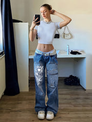 Trendy Washed Heart Pattern Cargo Jeans - Spacious Slash Pockets & Whiskering Details - Relaxed Fit for Casual Streetwear, Women's Fashionable Denim