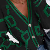 High Contrast Knit Cardigan, V-Neck Button Up Cardigan Sweater, Casual Tops For Fall & Winter, Women's Clothing
